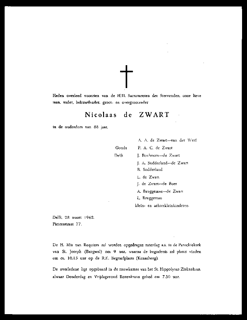 Overlijdenskaart Nic de Zwart 1962